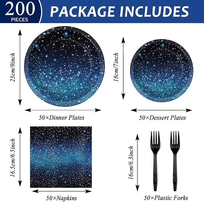 50 Guests Galaxy Party Starry Night Supplies Tableware Set Outer Space Theme Birthday Star Party Table Decorations Solar System Paper Plates Napkins Forks,192pcs