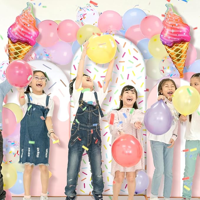 Foilswirl 34 Pcs Sweet One Birthday Decorations Pastel Donut Ice Cream Balloon Arch Backdrop Covers Pastel Spandex Arch Backdrop Cover with Ice Cream Foil Donut Balloons for Sweet Birthday Party