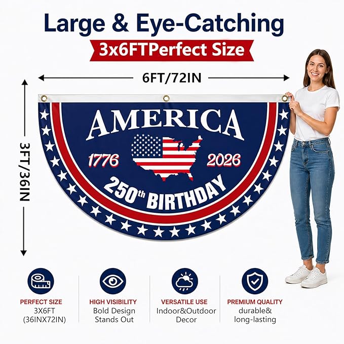 250 Year Anniversary Patriotic Fan Bunting Banner 1776–2026, USA Map Flag Design with Stars, 3x6 FT Large Outdoor Decoration, Brass Grommets, 2 Pack