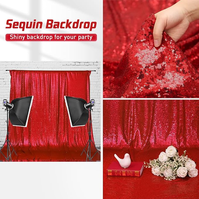 Eternal Beauty Sequin Backdrop Curtains, 2x8 Ft-2 Panels Red Back Drop for Mother's Day Shimmer Photography Party Wedding Birthday Decor