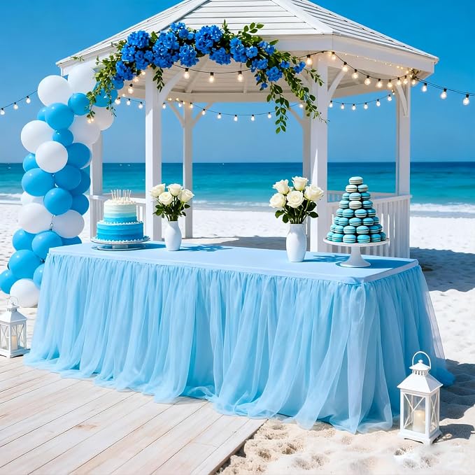 2-Pack Blue 2-in-1 Tulle Tablecloth for 6-Foot Rectangular Table – Stretch Fitted Table Skirt & Cover for Baby Shower, Bridal, Birthday, Princess Party