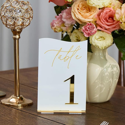 Gold Mirrored Acrylic Wedding Table Numbers 1-20 Set, Self-Standing Modern Arched Signs for Reception Seating, Anniversary & Bridal Shower, Elegant Wedding Decor (5x7 Inches)