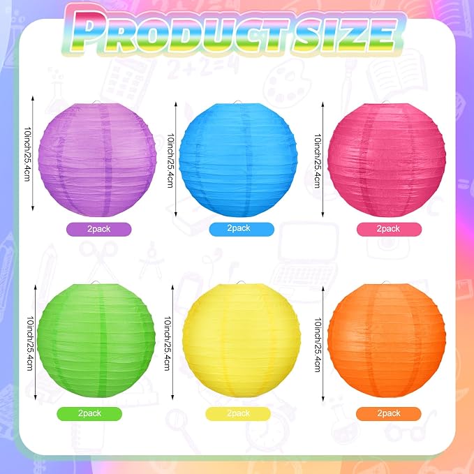 Retisee 12 Pcs 10 Inch Hanging Paper Lanterns Party Decorations Modern Neon Classroom Decor for Birthday Back to School Party Decoration for Classrooms Wedding Birthday Ceilings