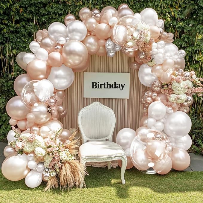 Pearl Balloon Arch Double Stuffed Pearl Rose Pink Metallic Balloon Garland Kit Different Sizes 12/10/5in With Clear Bobo Balloons for Birthday Wedding Bridal Baby Shower Engagement Party Decor