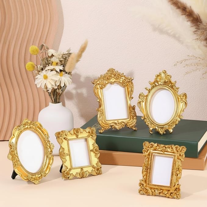 Maitys 30 Pcs Mini Picture Vintage Frames with Stands Tiny Antique Photo Baroque Ornate Resin Oval Frame Table Top Display Home Wedding Decor (Gold)