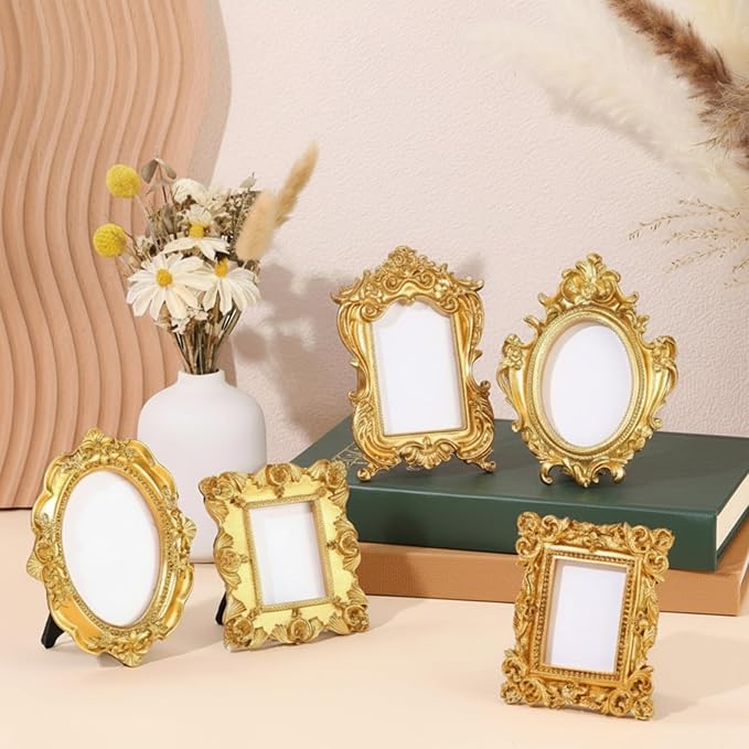 Maitys 60 Pcs Mini Picture Vintage Frames with Stands Tiny Antique Photo Baroque Ornate Resin Oval Frame Table Top Display Home Wedding Decor (Gold)