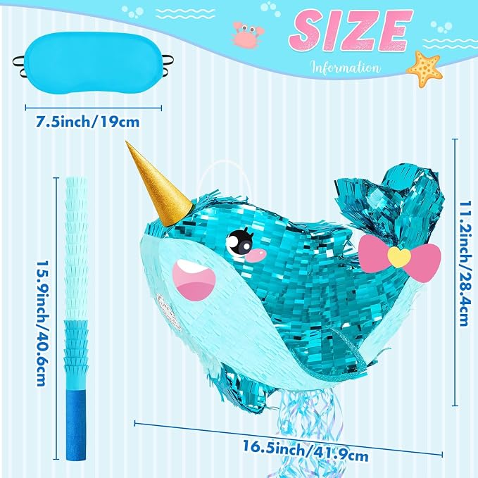 WERNNSAI Narwhal Piñata - Girl Narwhal Party Piñata Game Whale Ocean Themed Party Decor for Kids Under the Sea Classroom Decorations Summer Season Baby Shower Favors