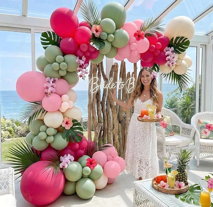 Hot Pink and Sage Green Balloon Garland Arch Kit, Double Stuffed Dusty Green Magenta & Ivory Balloon Decorations for Baby Shower, Garden Bridal Wedding, Mother's Day, Birthday, Boho Tea Party