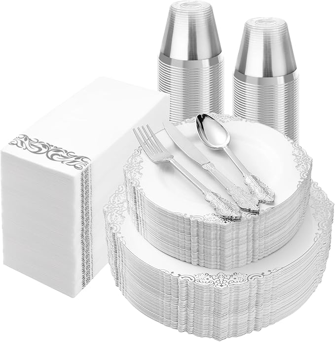 Bestluck 350PCS Silver Plastic Plates for 50 Guests, Disposable Dinnerware Set Includes 100 Disposable Plates, 150 Silver Silverware, 50 Cups, 50 Napkins for Party & Wedding