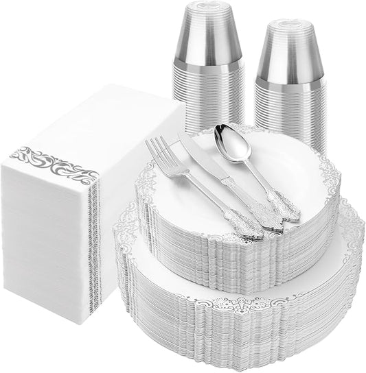 Bestluck 350PCS Silver Plastic Plates for 50 Guests, Disposable Dinnerware Set Includes 100 Disposable Plates, 150 Silver Silverware, 50 Cups, 50 Napkins for Party & Wedding