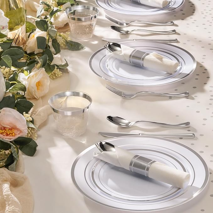 Goodluck 352 Piece Silver Plastic Dinnerware Set for 50 Guests, Disposable Plates for Party Include: 50 Dinner Plates 50 Dessert Plates, 50 Pre Rolled Napkins with Silverware, 50 Cups, 2 Tablecloth