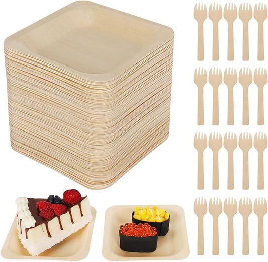 100 Pcs Disposable Palm Leaf Bowls, Square Bamboo Appetizer Plates, Compostable Wood Plates with Bamboo Forks for Birthday Wedding Party, Dessert, Catering and Home Use (4.4 x 4.4x0.5 Inch)