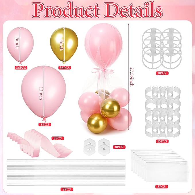 BBTO 8 Set Pink Gold Table Centerpieces Balloons Stand Kit, Latex Balloons and Table Stand Holder with Base Tulle for Wedding Birthday Grad Prom Centerpieces Party Back to School Baby Shower
