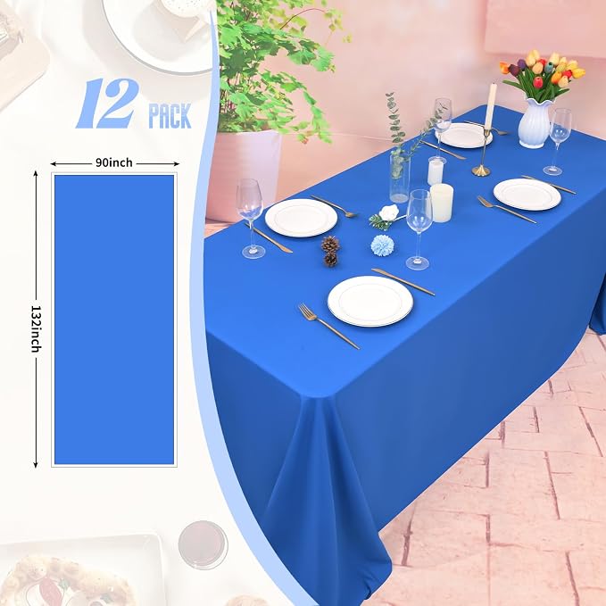 12 Pack Royal Blue Tablecloth 90x132 Inch Rectangular Table Cover | Wrinkle Resistant, Machine Washable Reusable, Wedding, Banquet, Restaurant, Party, Baby Shower,Indoor Outdoor Events
