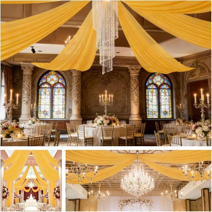 DUOBAO Chiffon Ceiling Drapes 20FT 4 Panels Gold Sheer Wedding Backdrop Curtains for Indoor Events Banquet Hall Tent Drapery Soft Draping Fabric for Arches Christmas and Photography（Golden）