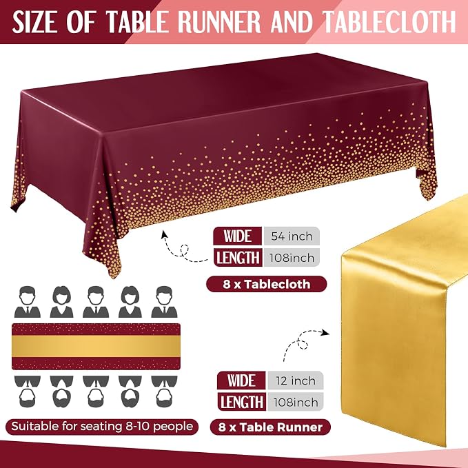 Breling 16 Pack Burgundy and Gold Disposable Plastic Tablecloths and Satin Table Runner Set, 54 x 108 Inch Tablecloth, 12 x 108 Inch Table Runners for Wedding Graduation Birthday Baby Shower
