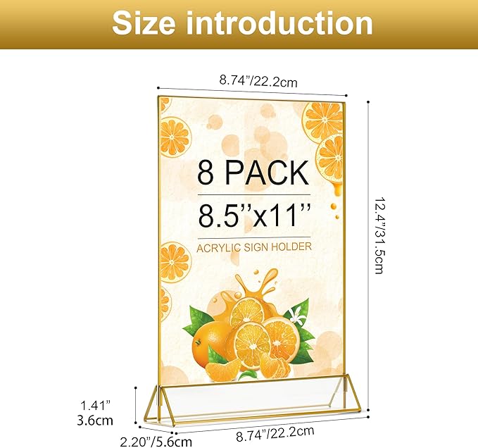 Gold Frame Acrylic Sign Holder 8.5x11 in, Double Sided Table Menu Holders 8Pack..