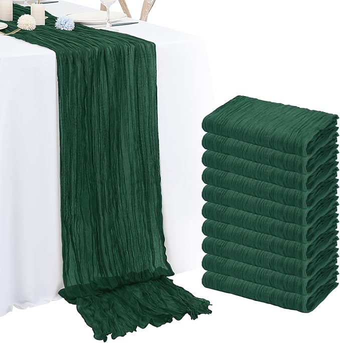 10 Pack Emerald Green Cheesecloth Table Runner 10FT Boho Romantic Gauze Table Runner 20 x 120 Inch Rustic Sheer Runner for Wedding Party Bridal Shower Thanksgiving Christmas Decoration