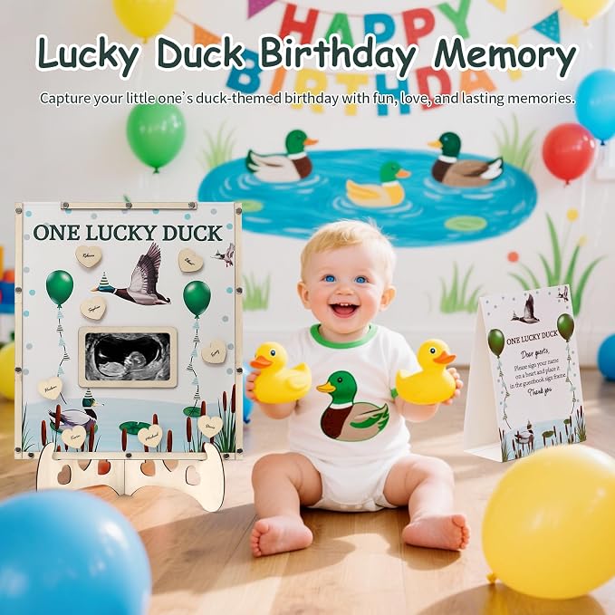 Mallard Duck Baby Shower Decorations,Baby Shower Guest Book Alternatives with Pen,Photo Frame and 60 Heart Wood Slices for 60 Guests,One Lucky Duck Birthday Decorations
