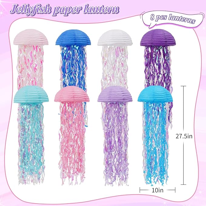 Mermaid Birthday Decorations, Jellyfish Paper Lanterns Pink Purple Blue White Hanging Lantern for Mermaid Birthday Party Baby Shower Under The Sea Ocean Decorations Pack of 8