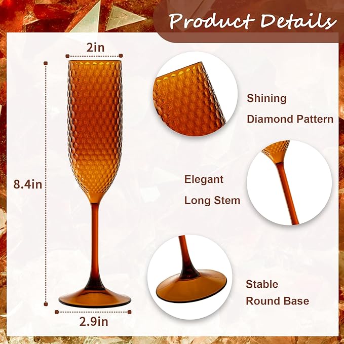 24 Pack Amber Plastic Champagne Flutes Mimosa Unbreakable Champagne Glasses Wedding Toasting Glasses 5.5 OZ Reusable Diamond Glasses Wine Cups Vintage Drinking Glasses for Wedding,Christmas,Party