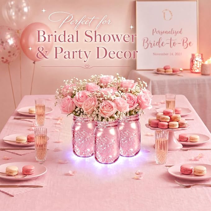 Layhit 6 Pcs Painted Mason Jars Colored Painted Mason Jars Centerpiece for Table with 6 Pcs 9.84 ft 30 LED Operated Fairy Lights for Wedding (Light Pink)