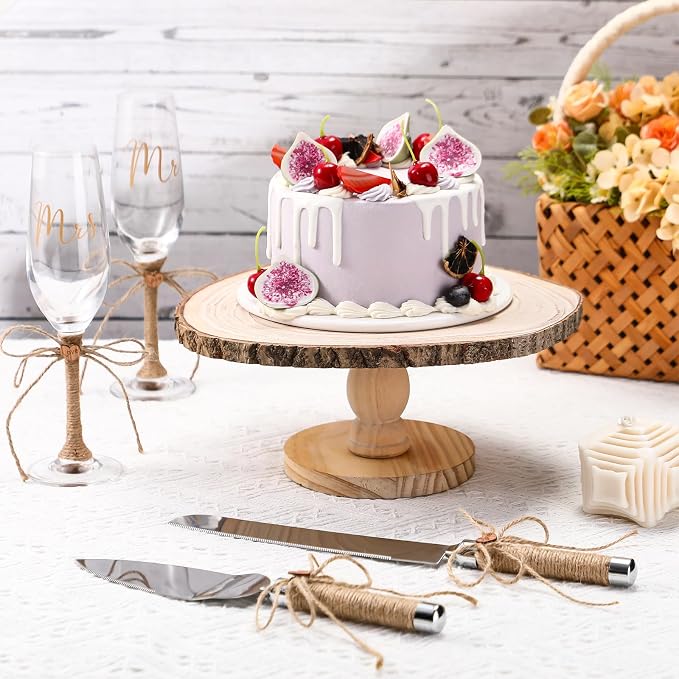Honoson 5 Pcs Cake Knife Server Set Champagne Glasses Wooden Slice Cake Topper Set Rustic Wedding Decorations Mr and Mrs Champagne Flutes Bride Groom Valentines Day Glasses Anniversariesn