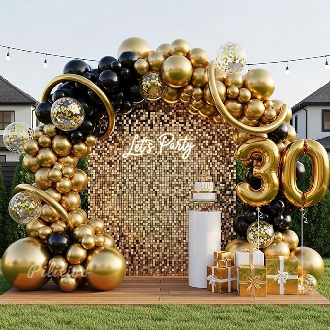 Black and Gold Balloon Arch Kit - 114 Pcs Black and Gold Balloons Garland with Confetti & Long Balloons for Men Birthday Graduation 2026 New Years Eve Retirement Party Decorations