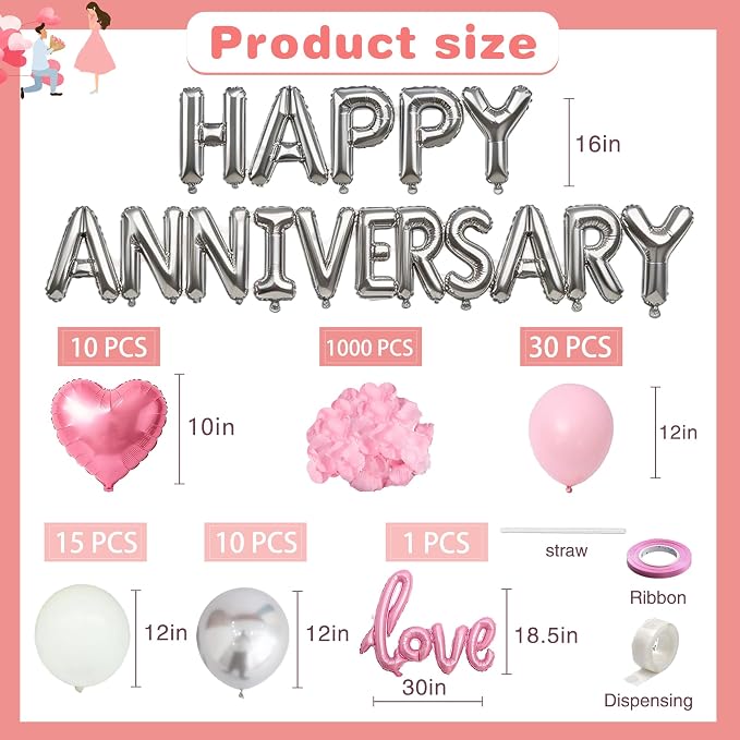 Pink Happy Anniversary Balloons Kit with Heart Shaped, Love Foil Balloons and 1000 Pieces Rose Petals for Valentine's Day Proposals Decorations (Pink - Happy Anniversary)