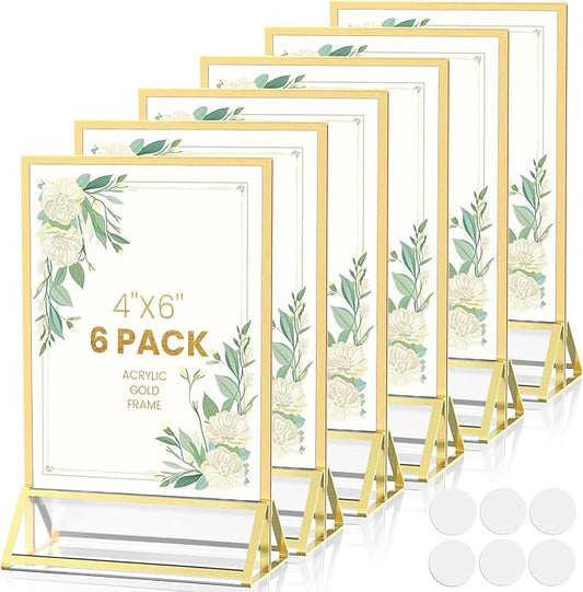 Gold Frames 4X6 Acrylic Sign Holder Double-Sided Gold Picture Frames for Menu Holder Wedding Table Number Holder Christmas Photo Frames with Removable Clear Sticky Dots-6 Pack