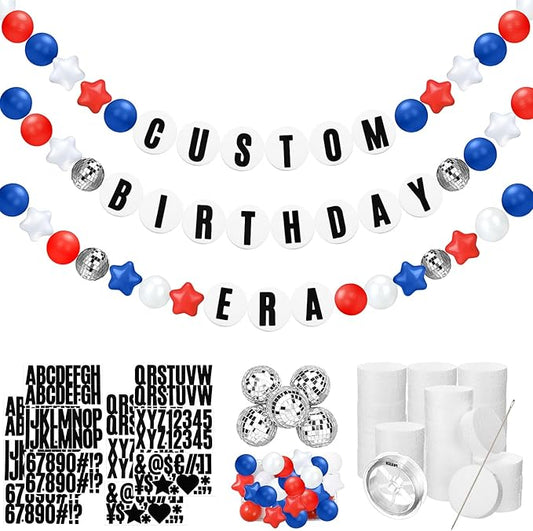 Simgoing Giant Friendship Bracelet Garland Kit DIY Banner with Letter Ball Jumbo in My Birthday Era Decorations for Classroom Graduation Party Supplies Photo Booth Backdrop(White, Red, Blue)
