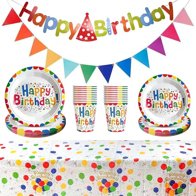 ElZGunara 63Pcs Birthday Party Supplies Set - Includes Plates, Cups, Waterproof Tablecloth，Happy Birthday Banner, Bunting Banner，Colorful Decorations for Boys Girls Serves 20