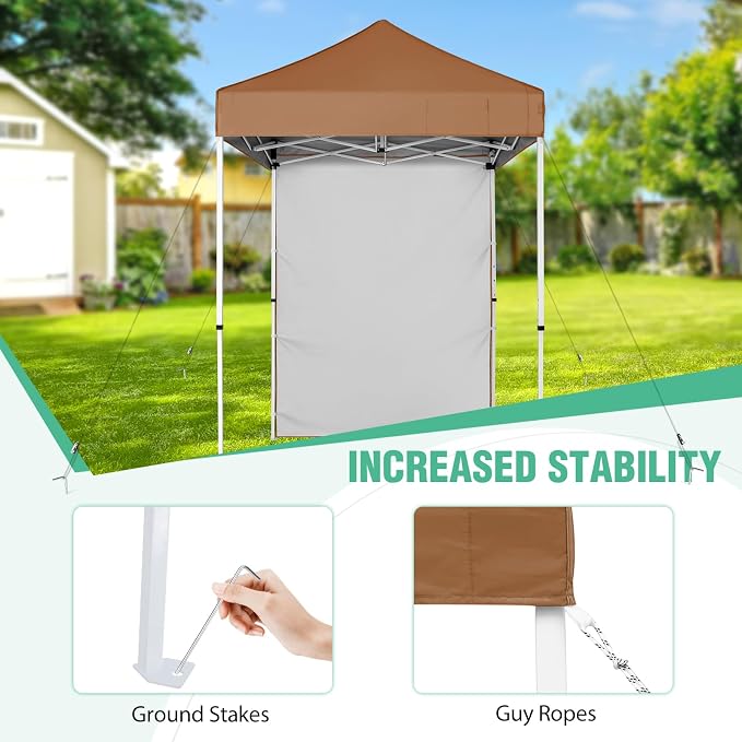 5x5 Pop Up Canopy Tent with One Sidewall, Instant Portable Beach Canopy, Outdoor Tent with Carry Bag for Camping, Sports, Tailgating, Events, Khaki