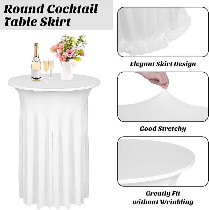 Kochorie 8 Pieces Cocktail Table Skirt Round Cocktail Table Covers 32 x 43 Inch Spandex Stretch High Top Table Cloth for Wedding Table Bar Banquet Party Supplies (White)