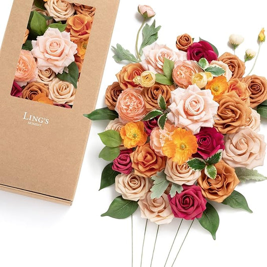 Ling's moment Fake Flowers Box, Faux Artificial Greenery Stems Foam Roses Silk Poppies Ranunculus Peony Fabic Flower for Centerpieces Bouquet Wedding Floral Vase, Orange & Soft Peach, Deluxe Combo