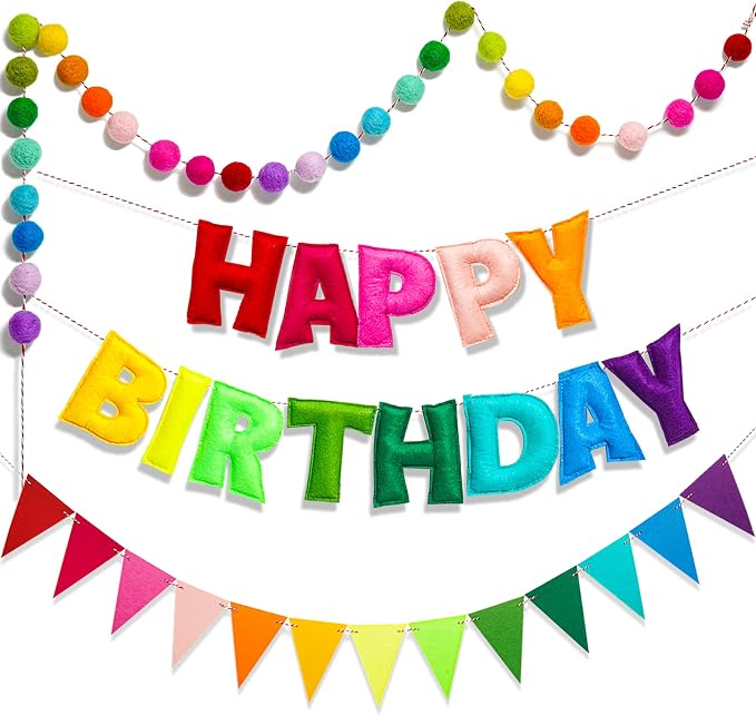 3 Pcs Pre-Strung Reusable Happy Birthday Banner, Handmade Wool Felt Ball Garland, Triangle Flags, Personalized Felt Holiday Sign Pom Pom Garland for Rainbow Party Decorations Fireplace Mantel Wall Window (Birthday Banner + Flags + Rainbow Balls)