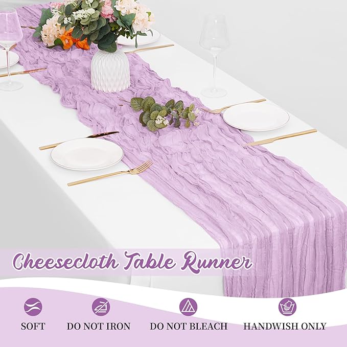 8 Pack Lavender Cheesecloth Table Runners 20x120 Inch Gauze Table Runner Cheese Cloth 10FT Lavender Table Runner Rustic Sheer Runner for Wedding Baby Shower Birthday Party Table Decor