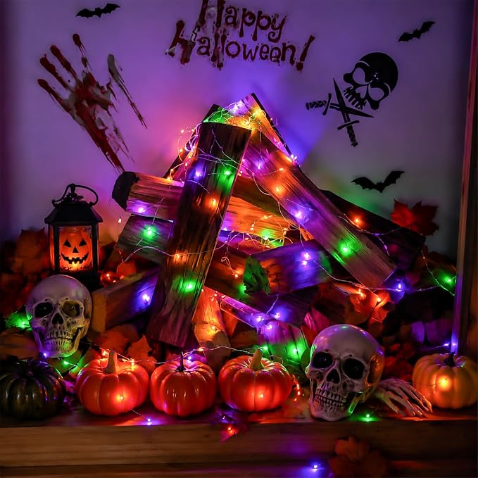 QITONG Purple Orange & Green Fairy Lights Battery Operated, 4 Pack Each 16ft 50 LED Halloween Lights Outdoor Waterproof, Silver Wire Christmas Twinkle Mini String Lights Indoor