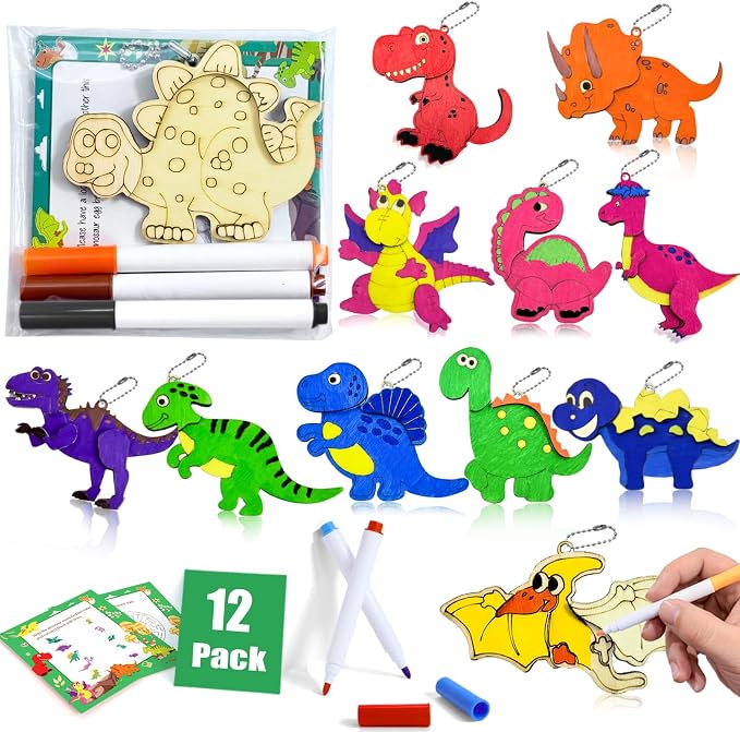 12 Pack Dinosaur Party Favors, Wooden Painting Kit Art and Crafts for Kids Dino Painting Toys Birthday Party Return Gifts Goodie Bag Filler Pinata Stuffer Classroom Prizes Wood Keychain Paintable Kit