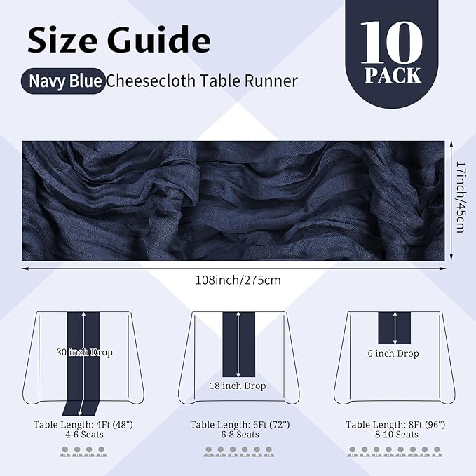 10 Pack Navy Blue Cheesecloth Table Runner 17x108 Inch Semi Sheer Boho Gauze Cheese Cloth Table Runners, for Wedding Bridal Shower Birthday Party Home Decor Garden Farmhouse