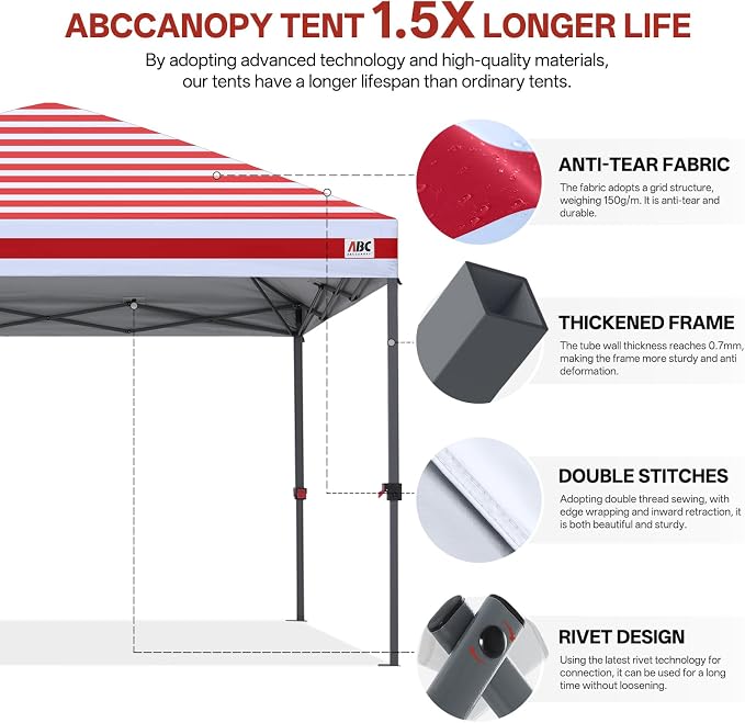 ABCCANOPY 10x10 Pop Up Canopy Tent, Easy Setup Instant Shelter with Wheeled Bag, Heavy Duty Outdoor Canopy for Beach, Market, Backyard, UV Protection, Outdoor Weather Protection (Red Stripes, 10x10)