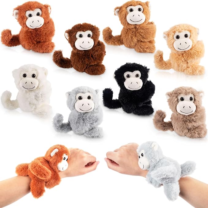 Liliful 8 Pack Kids Plush Gifts Stuffed Animal Cat Slap Bracelets - 8 Inch Back to School Prize Box Toys Wrist Cute Snap Birthday Rewards for Boys Girls Child Pet Adoption Party Favors(Monkeys)