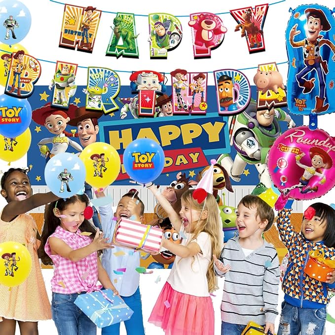 Toy theme birthday decorations,145 Pcs party supplies.Include Birthday Banner, Backdrop, Hanging Swirls, Balloons, Cupcake Toppers, Tablecloth.