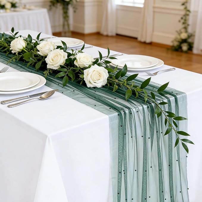 Pearl Table Runner Tulle Fabric: 10ft Pearl Kitchen Linen 29x120 Inch 12pcs Emarald Green Sheer Gauze Fabrics for Wedding Decor Birthday St. Patrick's Day Party Dining Table Cover