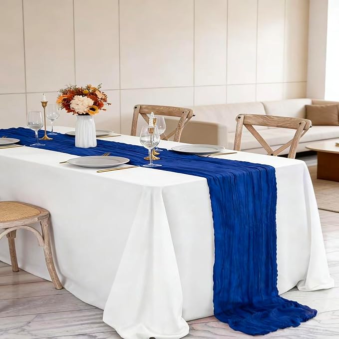 10 Pack Royal Blue Cheesecloth Table Runner 10FT Boho Gauze Fabric Cheese Cloth Table Runners for Wedding ,Party,Baby Shower, Bridal Party, Rustic Farmhouse and Table Decorations