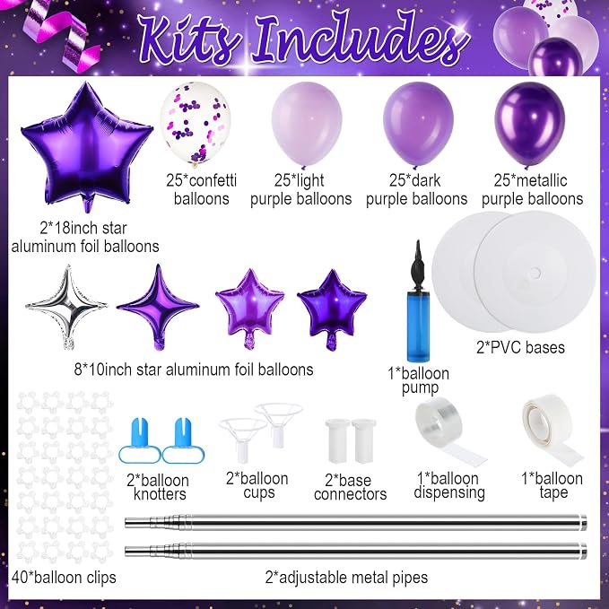 Gejoy 110 Pcs Purple Silver Balloons Column Stand Kit Adjustable Tower Stand from 1.4 to 6.6 ft with Bases for Back to School Wedding Birthday Baby Shower Party