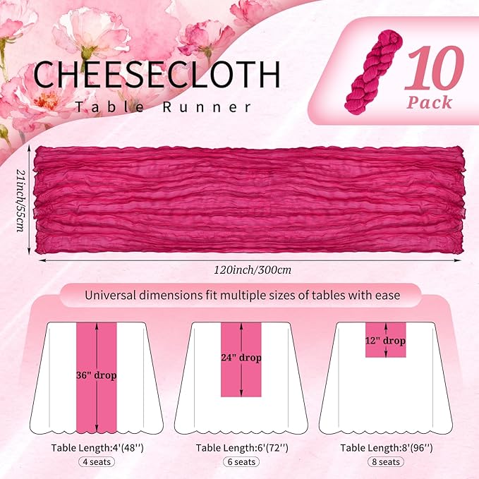 10 Pack Hot Pink Cheesecloth Table Runner 10FT Boho Gauze Cheese Cloth Table Runners Romantic Rustic Sheer Table Decorations for Wedding Party Baby Shower Birthday Holiday Home