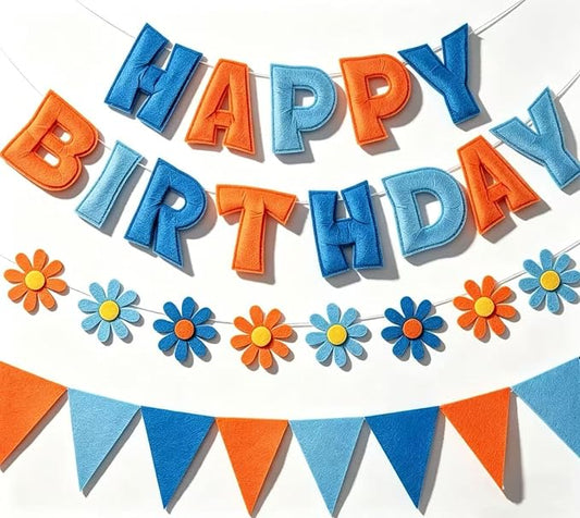 YEOCU Happy Birthday Decorations, No DIY, Pre-Strung 3D Banner | Blue & Orange, 3D felt banner, flower garland & flags. No DIY, reusable for kids & women.