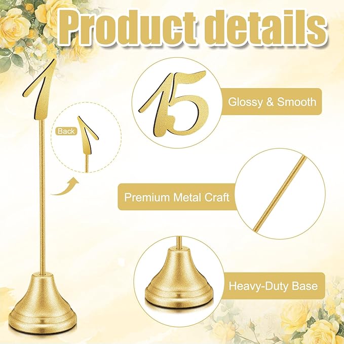 Maitys 15 Pcs Metal Table Numbers 1-15 with Weighted Base 8 Inch Table Number Stands for Wedding Reception, Party, Anniversary, Birthday Banquet(Gold)