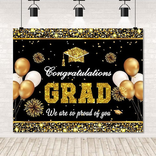 Graduation Backdrop 7x5ft Class of 2026 Black Gold Congrats Grad Party Banner Background Congratulations Bachelor Cap Prom Graduation Party Decorations Supplies Photo Booth Banner